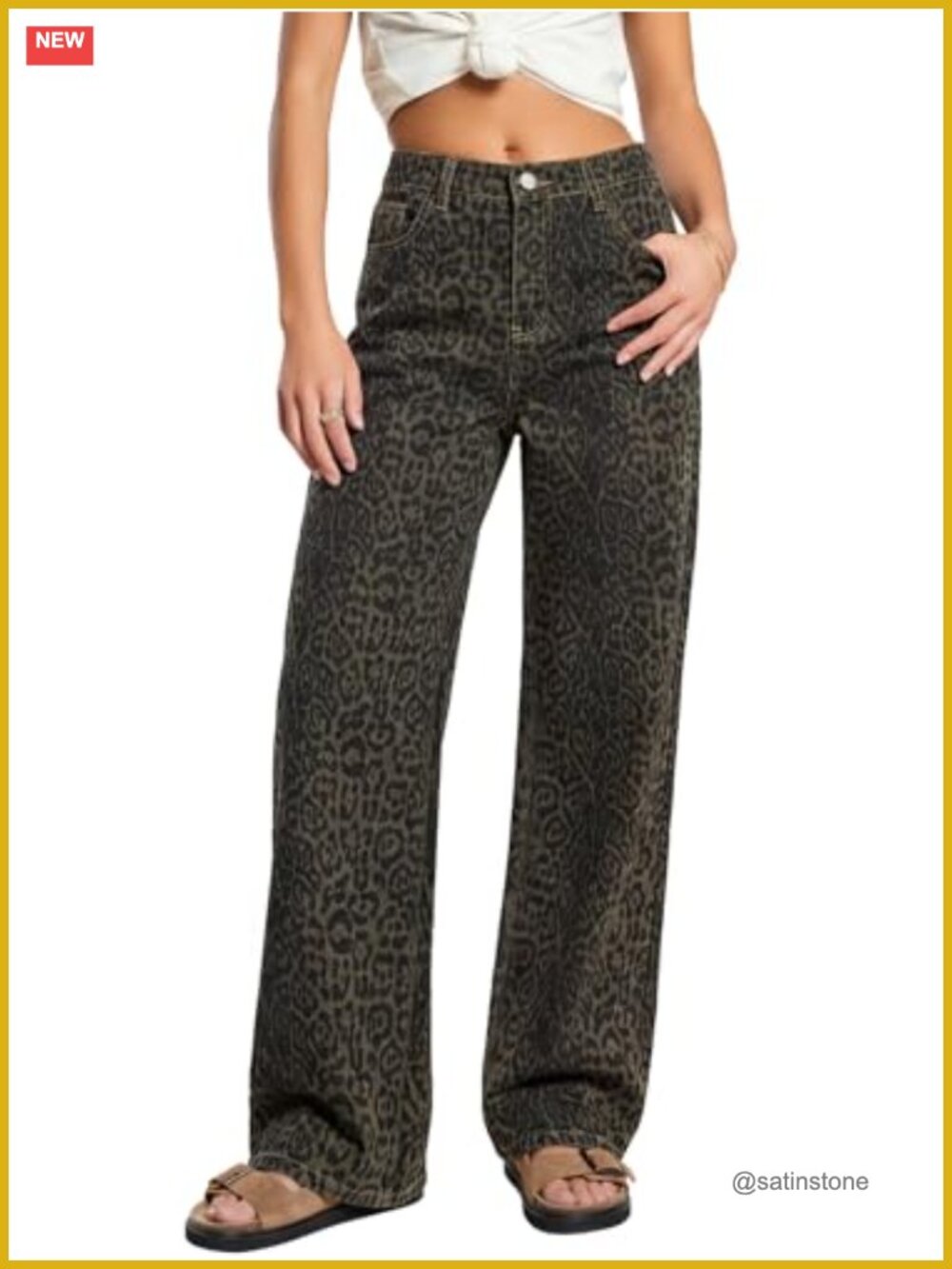 Wide Leg Baggy Jeans High Waisted Leopard Print Denim Pants Y2K Casual